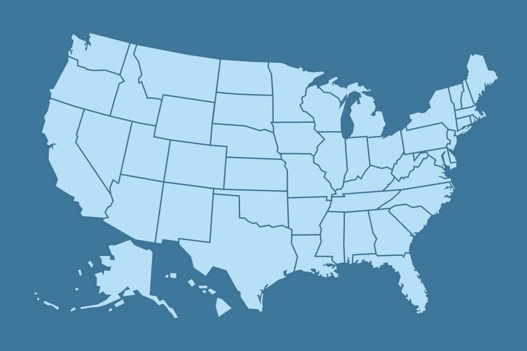 An illustration showing the 50 states of the United States of America.